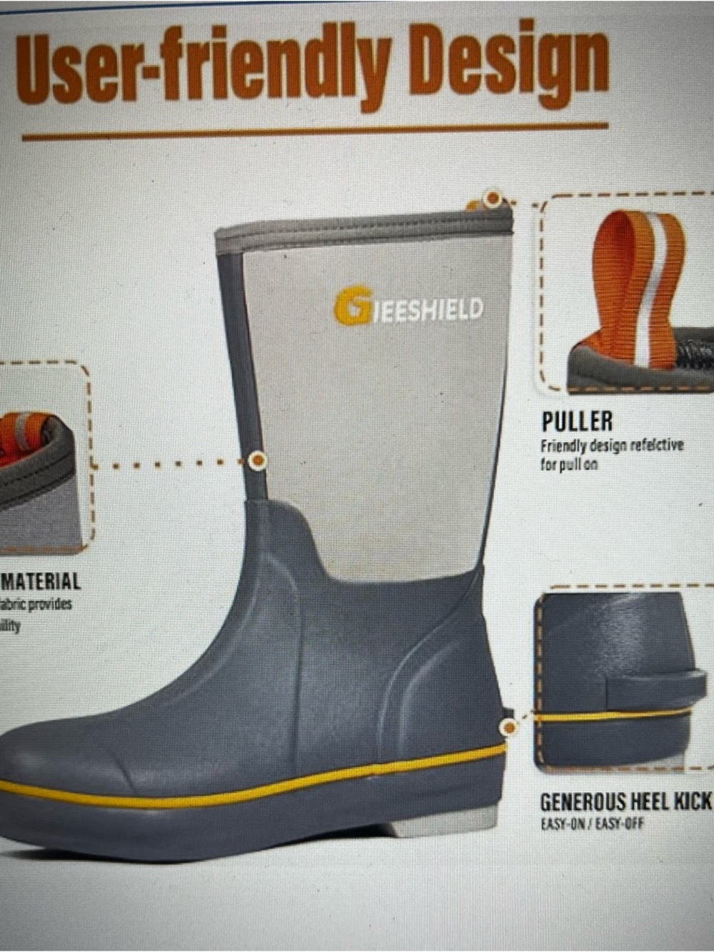 Men’s Gray Waterproof Rain Boots with Yellowish orange  Trim - Picture 2 of 8